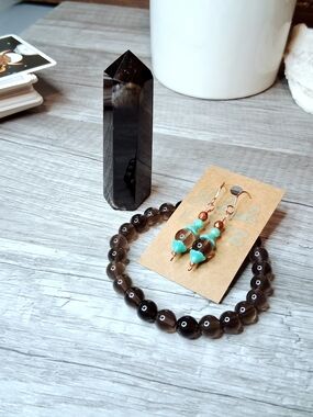 Smoky Quartz Tower Beaded Earrings and Bracelet Gift Set